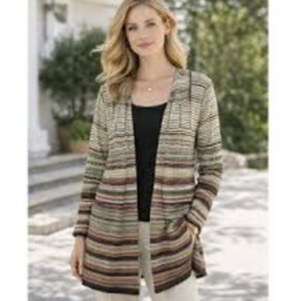 NIC+ZOE Multi Color Striped Open Front‎ Linen Blend Cardigan Medium